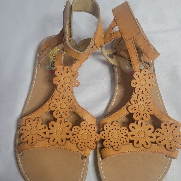 Rachel Brown Leather Ankle Flower Strappy Slingback Sandal (4) - Picture 1 of 8